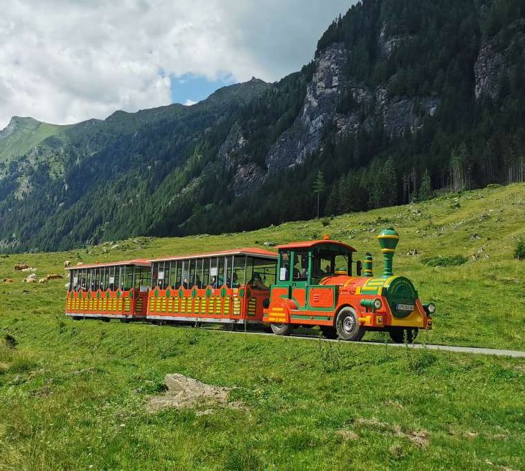 Ein bunter touristischer Zug fährt durch eine grüne Berglandschaft bei Katschberg