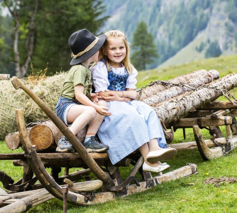 Kinder am Holzschlitten auf der Alm