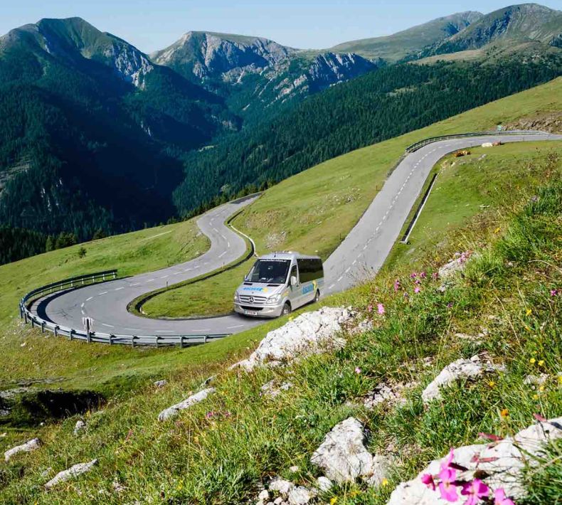 Ein weißer Bus fährt die kurvige Nockalmstraße entlang, umgeben von grünen Bergen und Blumen