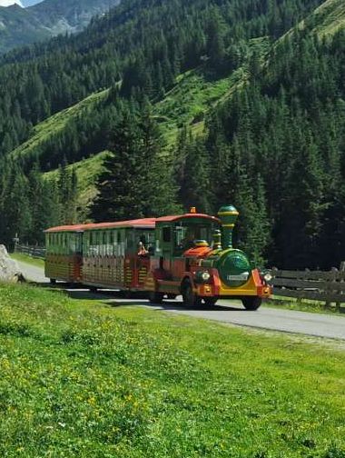 Ein bunter touristischer Zug fährt durch eine grüne Berglandschaft bei Katschberg